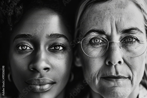 Two women of different generations and ethnicities looking forward in black and white