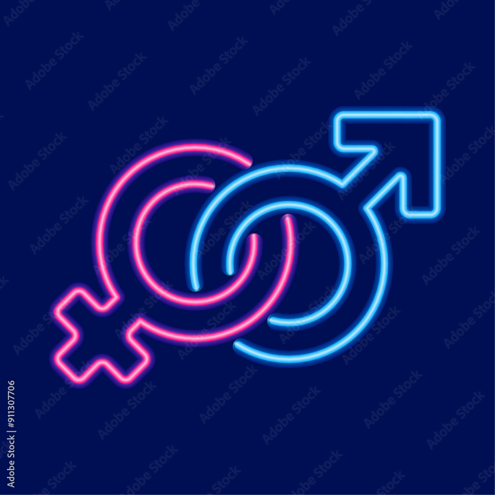 Obraz premium Male and Female gender symbols. Neon glowing icons of Venus and Mars. Gender symbol on dark. Vector gender collection, design illustration. Perfect for web and app, presentations, infographics