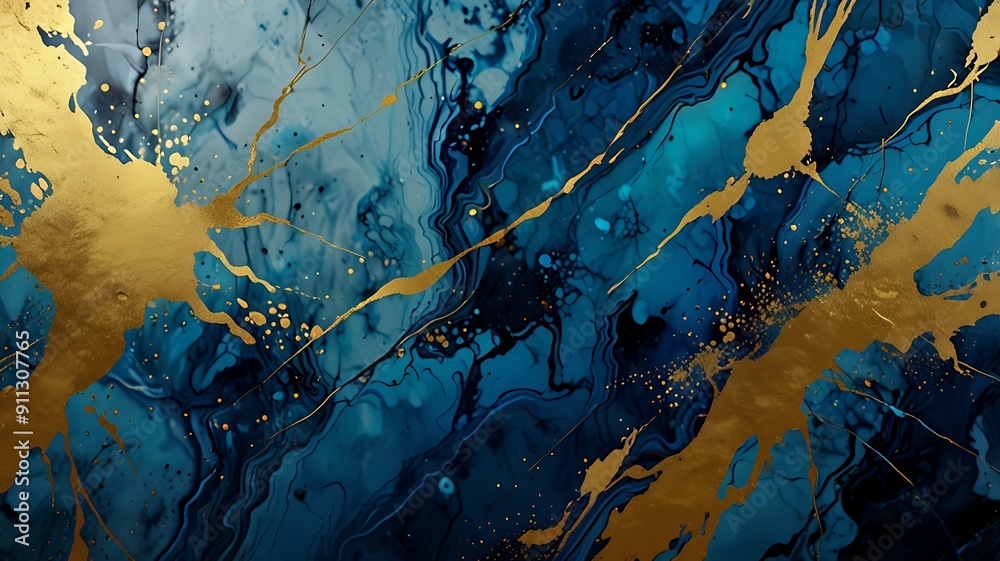 an abstract art piece featuring a dynamic interplay of navy blue and gold colors with splattered and marbled patterns, creating a visually striking contras an abstract art piece featuring a dynamic interplay of navy blue and gold colors with splattered and marbled patterns, creating a visually striking contras