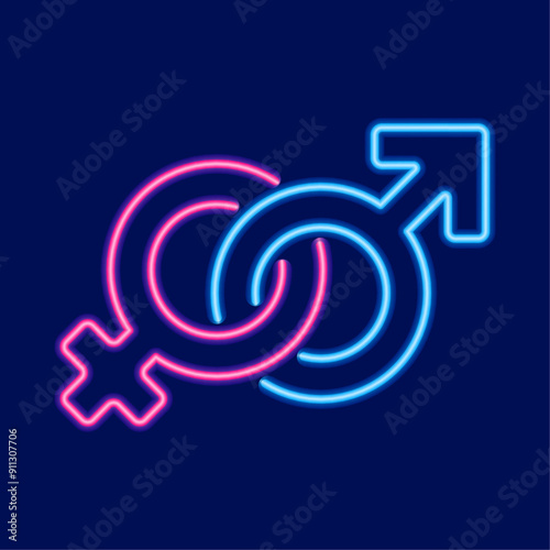 Male and Female gender symbols. Neon glowing icons of Venus and Mars. Gender symbol on dark. Vector  gender collection, design illustration. Perfect for web and app, presentations, infographics