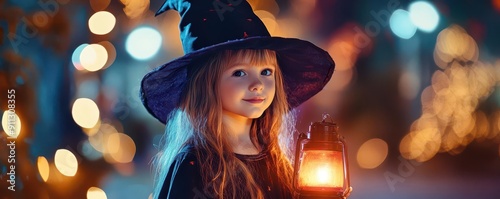 A young girl in a witch cos...