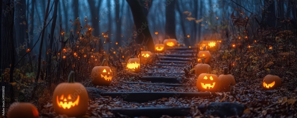 Obraz premium A spooky forest path lined with glowing pumpkins, perfect for Halloween ambiance and autumn-themed projects.