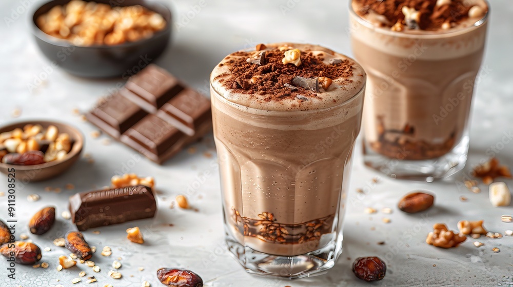 Cocoa on alternative milk with date paste and bran in glass on white table with ingredients. Delicious natural cocoa drink with grated chocolate and milk in glass. Side view, copy space Cocoa on alternative milk with date paste and bran in glass on white table with ingredients. Delicious natural cocoa drink with grated chocolate and milk in glass. Side view, copy space
