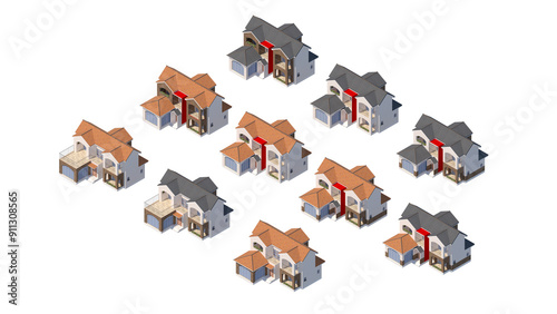 3D isomatric model of various house designs, featuring different styles of roofing and exterior details photo