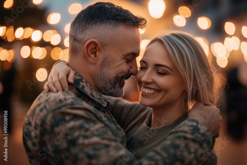 couple kissing at night. Middle aged husband dancing with military spouse, enjoying weekend. rest, love. Family lifestyle photo