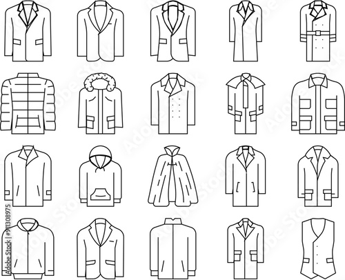 outerwear male clothes icons set vector. man fashion, apparel jacket, coat suit, person pants, winter fashionable, sweater outerwear male clothes black contour illustrations