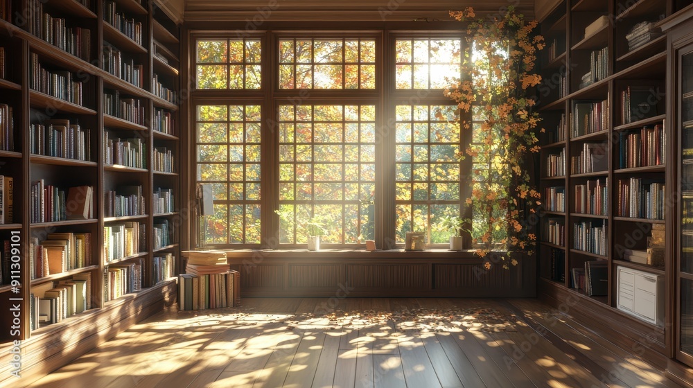 A beautiful library with large windows letting in natural sunlight, showcasing rows of bookshelves filled with books and a cozy, inviting atmosphere. A beautiful library with large windows letting in natural sunlight, showcasing rows of bookshelves filled with books and a cozy, inviting atmosphere.