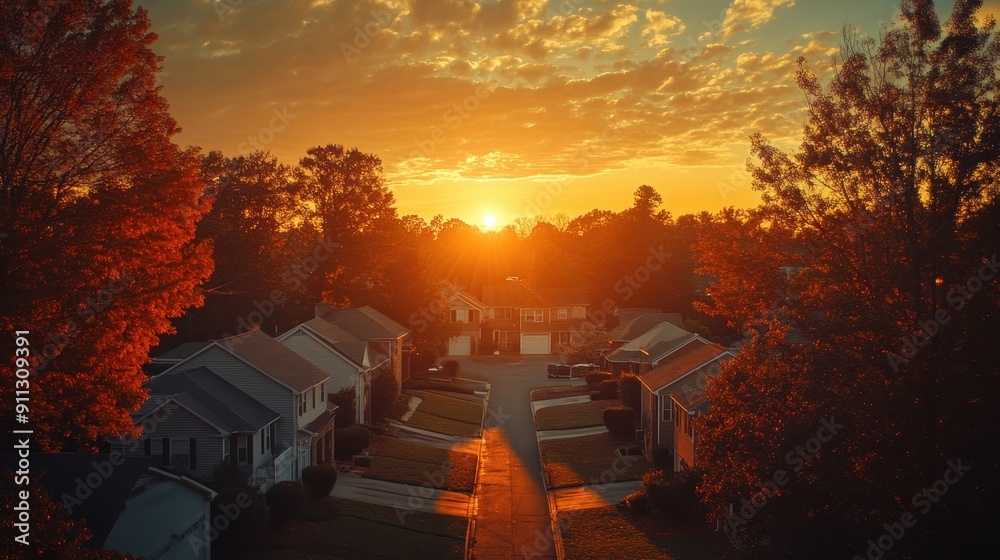 A tranquil suburban neighborhood bathed in the warm glow of a sunset, with tree-lined streets and cozy homes creating a picturesque and serene atmosphere. A tranquil suburban neighborhood bathed in the warm glow of a sunset, with tree-lined streets and cozy homes creating a picturesque and serene atmosphere.