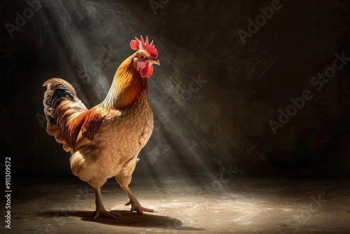 A chicken stands in the spotlight, its feathers shining.