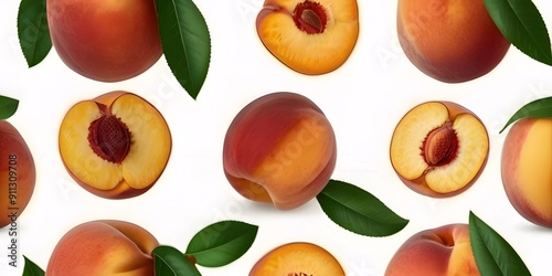 peaches with leaves isolated on white or transparent png