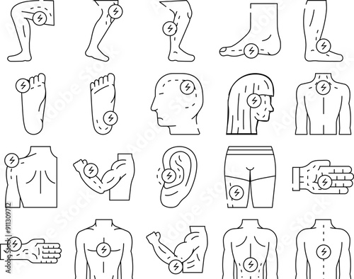 pain body ache medical joint icons set vector. health neck, headache painful, knee leg, back human, stomach shoulder, injury pain body ache medical joint black contour illustrations