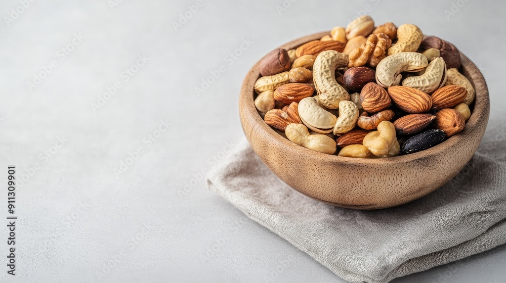 Wooden bowl of assorted nuts on a linen napkin, against a light grey backdrop, showcasing a nutritious snack option Wooden bowl of assorted nuts on a linen napkin, against a light grey backdrop, showcasing a nutritious snack option