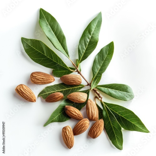 Almond green leaves on white background. Ai generation.