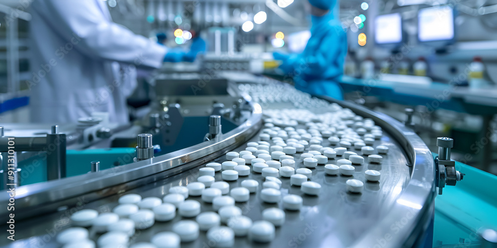 Industrial pharmaceutical production line with Workers on conveyor belt quality control and white pills packaging machines Industrial pharmaceutical production line with Workers on conveyor belt quality control and white pills packaging machines