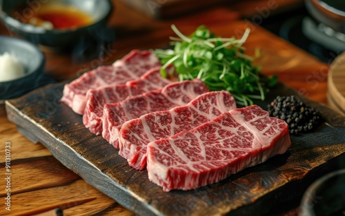 Obraz na płótnie Wagyu beef slices are artfully arranged near black pepper and green herbs on a wooden board w salonie