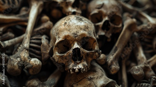 Lots of human bones and skulls. Human remains. photo