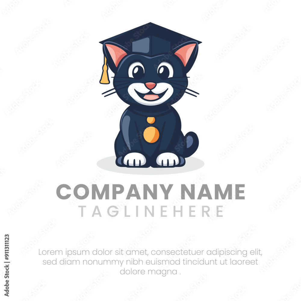 Vector illustration of a smiling cat mascot wearing graduation cap, sticker, and logo design Vector illustration of a smiling cat mascot wearing graduation cap, sticker, and logo design