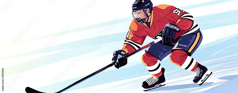 Obraz premium Dynamic illustration of a hockey player skating with a puck on ice, showcasing athleticism and team spirit.