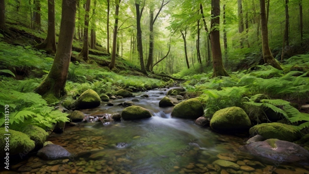 Serene forest river cascading over rocks surrounded by lush green trees in a picturesque summer landscape Serene forest river cascading over rocks surrounded by lush green trees in a picturesque summer landscape