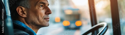Bus driver checking the mirrors, ensuring safety