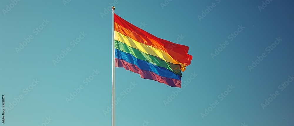 Rainbow flag waving against clear blue sky, bright and bold Rainbow flag waving against clear blue sky, bright and bold