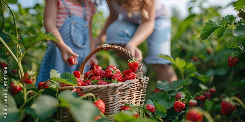 Fototapeta premium mother and daughter picking strawberries, basket,