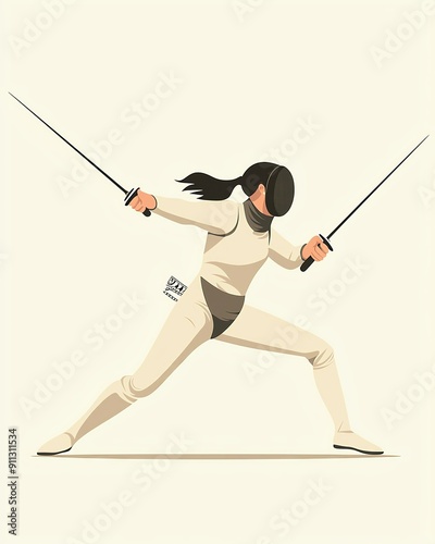 Dynamic illustration of a female fencer in action, showcasing strength and agility with dual swords.