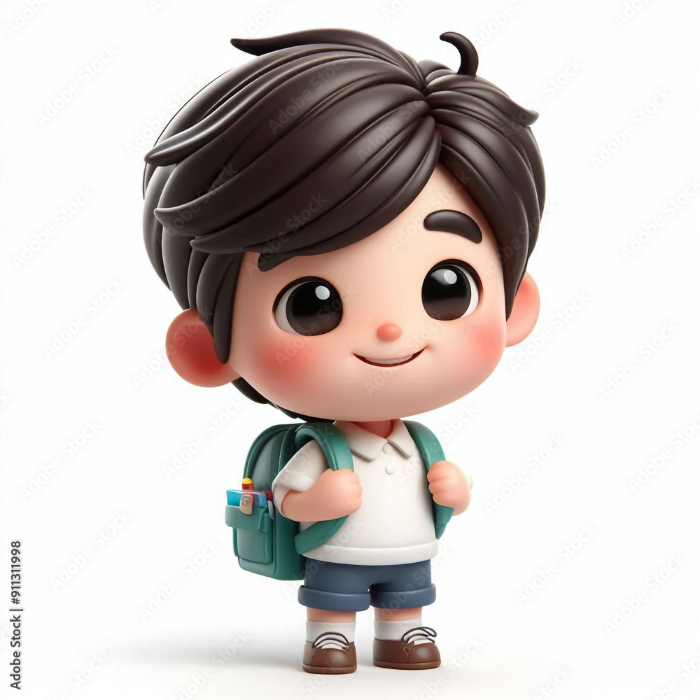 3D funny and happy child with backpack. Back to school concept
