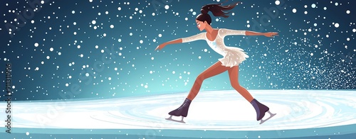 A graceful ice skater glides across a winter landscape, surrounded by falling snowflakes and a serene blue ambiance.