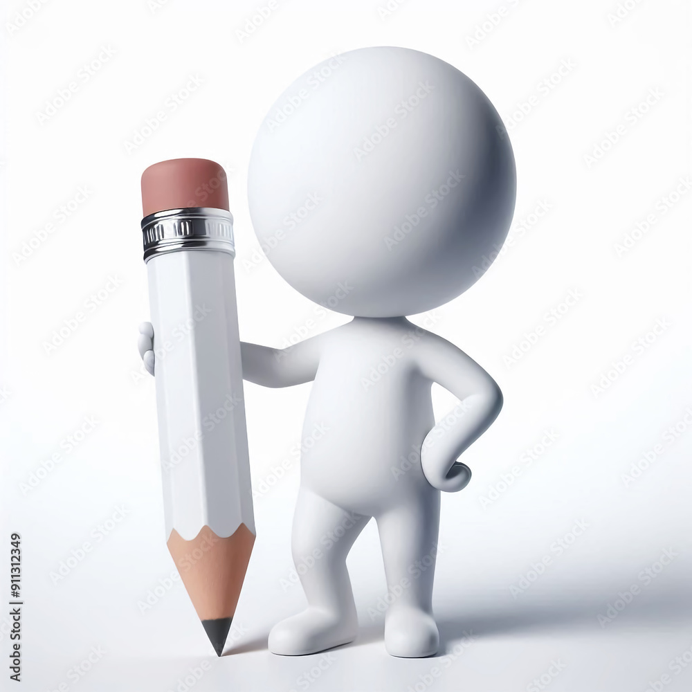 3D white figure with large graphite pencil. Back to school concept 3D white figure with large graphite pencil. Back to school concept