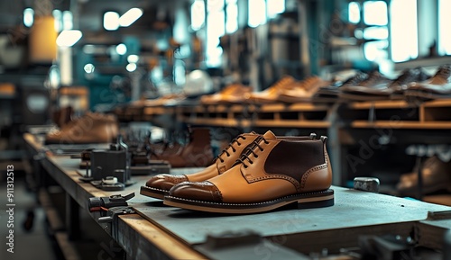 In the shoe factory, there is an empty table with many workfloor wood and concrete slabs on it, leather shoes in various colors stand against each other on shelves behind.  photo