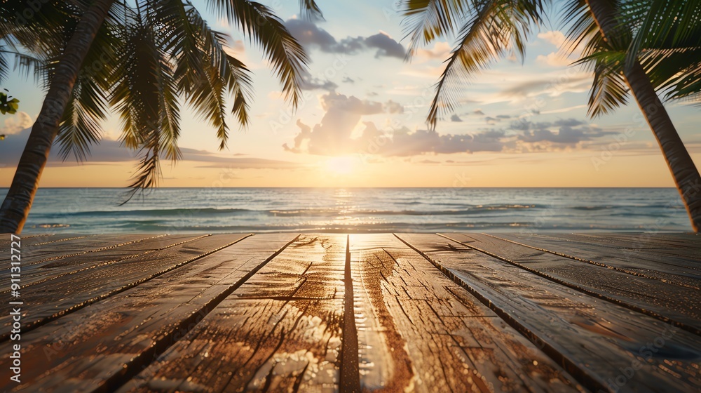 Wooden table on beach, palm trees, sunset, warm lighting, inviting and relaxing