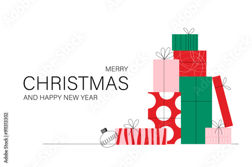 Christmas greeting card with a stack of gifts in the shape of a Christmas tree on a white background, flat style