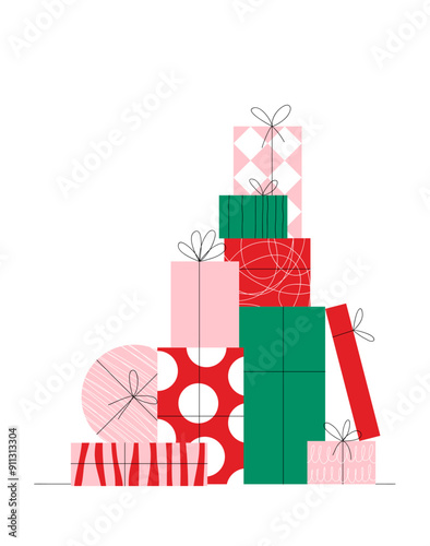 A stack of gift boxes in the form of a Christmas tree on a white background, flat style