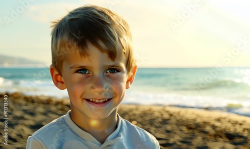 Portrait video of a Swedish child male against a beach background photo