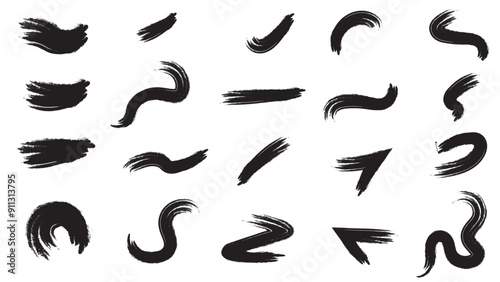 Paint brush strokes line set. Hand drawn wavy brush strokes. Hand drawn ink calligraphy elements painting curvy lines. Vector illustration.