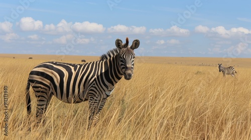 Zebra Standing in Tall Grass Under Clear Blue Skies