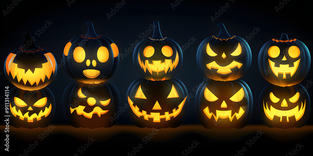 Scary and funny glowing faces of Halloween pumpkin or ghost . Vector collection. Scary and funny glowing faces of Halloween pumpkin or ghost . Vector collection.