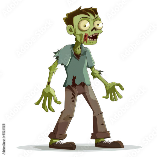 A cartoon zombie character with green skin, tattered clothes, and a spooky expression, perfect for Halloween or horror themes.