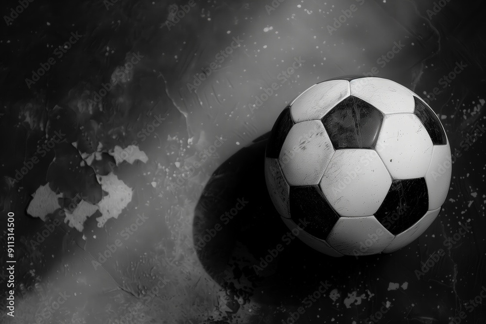 Fototapeta premium Classic soccer ball rests on a dark textured concrete ground with dramatic spotlight casting a strong shadow.