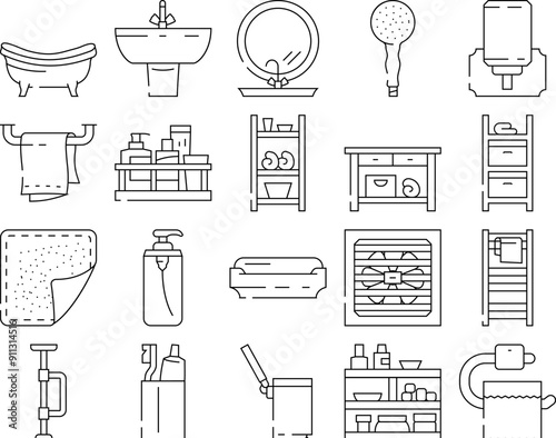 bathroom bath equipment hygiene icons set vector. water, brush wash, house clean, plumber home sink, soap, tool shower, bucket, drain bathroom bath equipment hygiene black contour illustrations