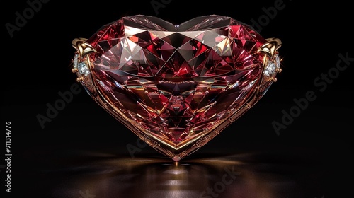  In the middle of the image lies a heart-shaped diamond atop a black background, mirrored by a diamond in the heart's center