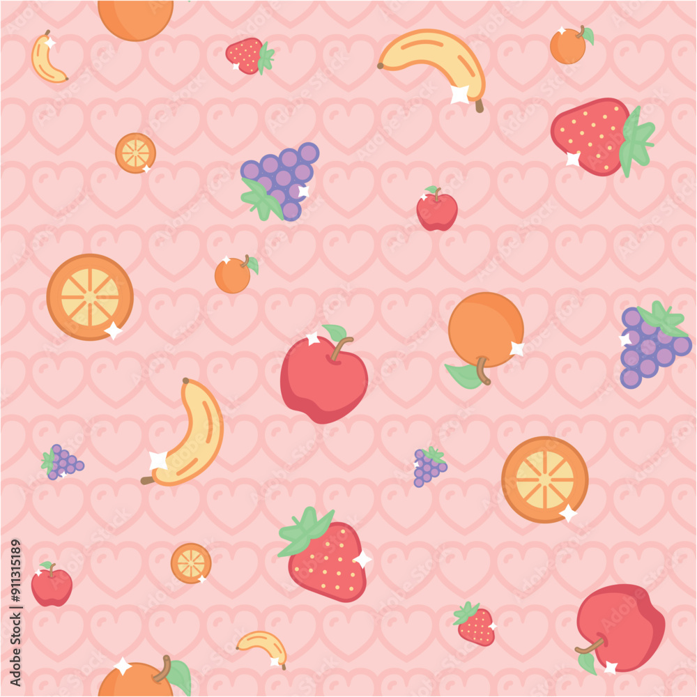 Delicate pink candy colors pattern with fruits, apple, orange, grape, banana and strawberry