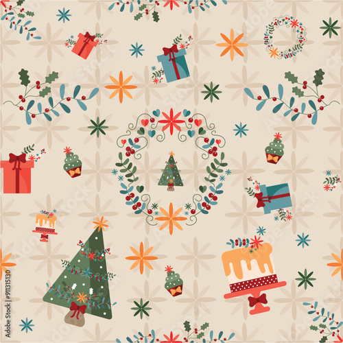 Delicate print with a Christmas theme, patterns with Christmas tree and garland with floral branches and arabesques, cakes, cupcakes and gifts