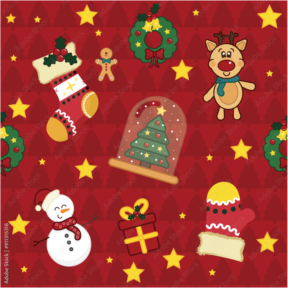 Christmas print pattern with cute reindeer, garlands, snowman, socks and Christmas tree Christmas print pattern with cute reindeer, garlands, snowman, socks and Christmas tree