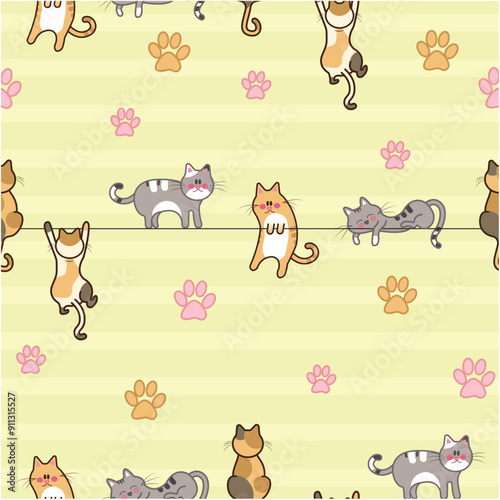 Cute pattern print with kittens hanging on clothesline funny poses cats