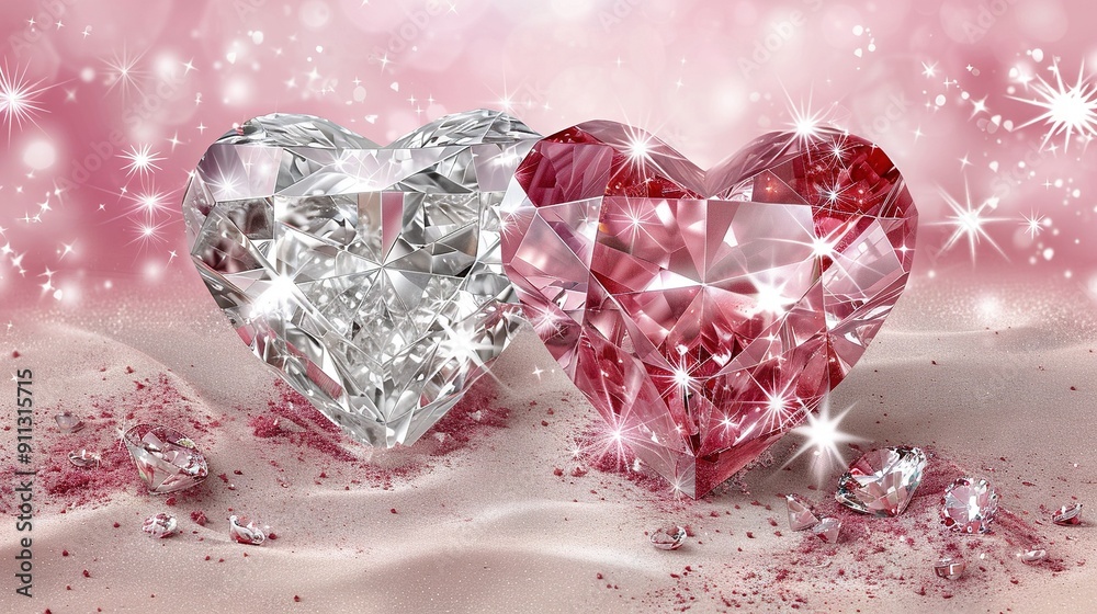A pair of diamond hearts resting on a pink surface amidst sparkling stars A pair of diamond hearts resting on a pink surface amidst sparkling stars