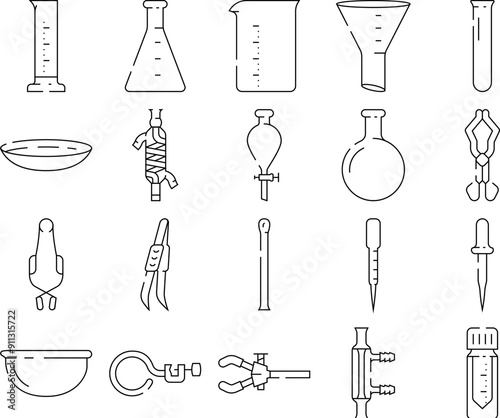 chemistry laboratory flask test icons set vector. science equipment, biology glass, lab medical, medicine chemical, tube experiment chemistry laboratory flask test black contour illustrations