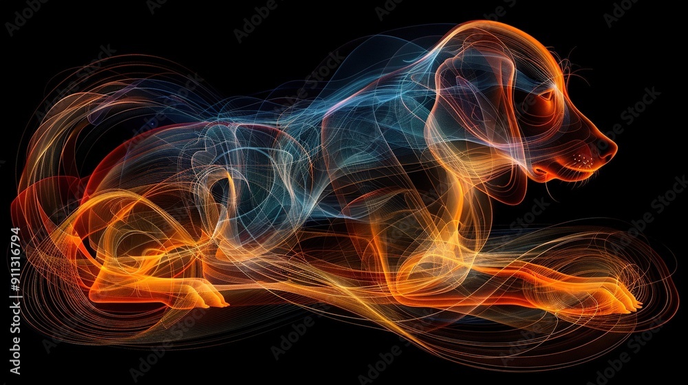 Fototapeta premium Blurry image of a dog's tail in orange, blue, and yellow