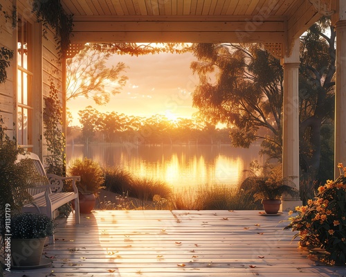 Sunset on a porch overlooking the Murray River, photorealistic 8K image, Australian gum trees, warm orange sky, peaceful atmosphere with an empty bench and potted plants photo